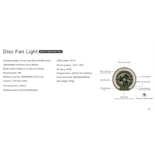 Portable Disc Fan And Light With USB Charging Port