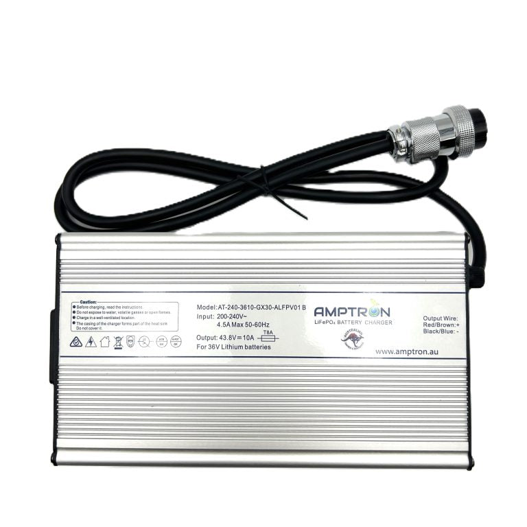 AC-DC 36V 10A Lithium LiFePO4 Battery Charger C/W GX30 round Din Plug + battery wakeup feature