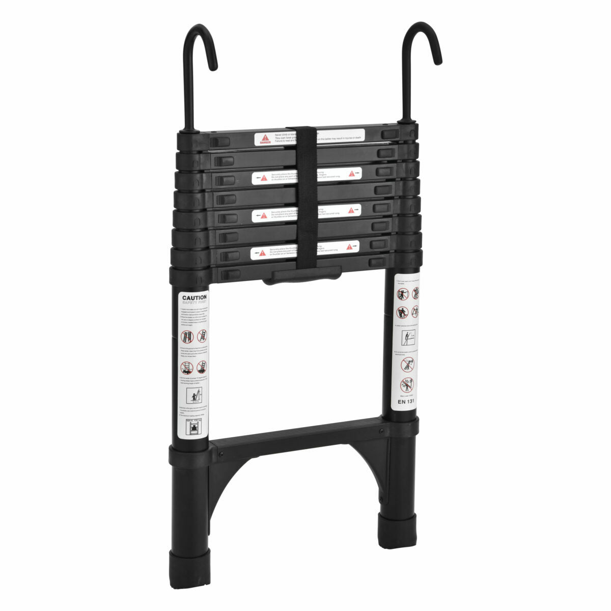 Black 2.6m Portable Telescopic Ladder With Hooks And Carry Bag