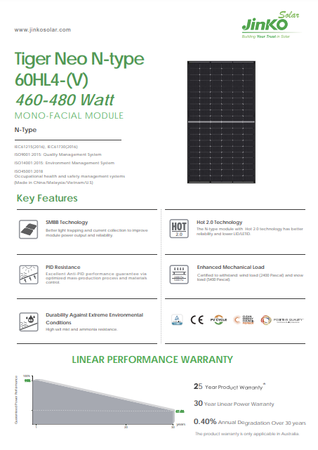 Jinko 475W Specs