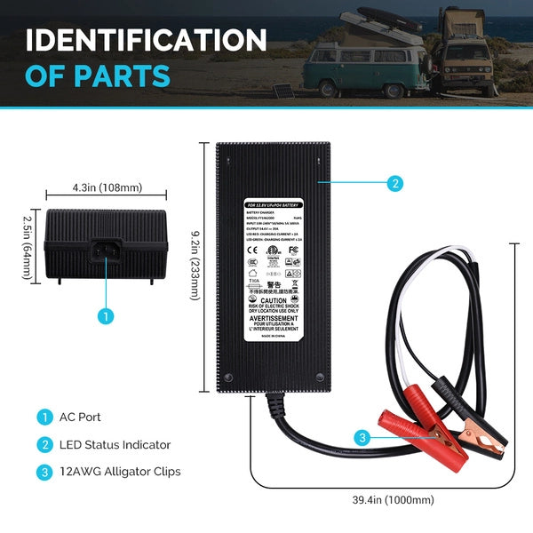 240V Mains Charger | Renogy | 20A 240V AC to 12V DC Lithium Iron Phosphate Battery Charger